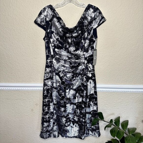 Tahari Arthur S Levine ASL Cowl Neck Fit & Flare Navy & Silver SZ 8 NWT $148 - Picture 1 of 13